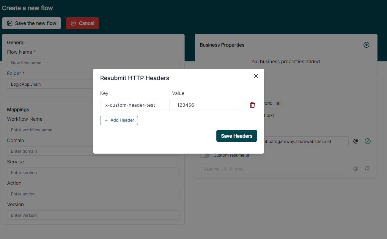 Advanced settings headers dialog inputted header